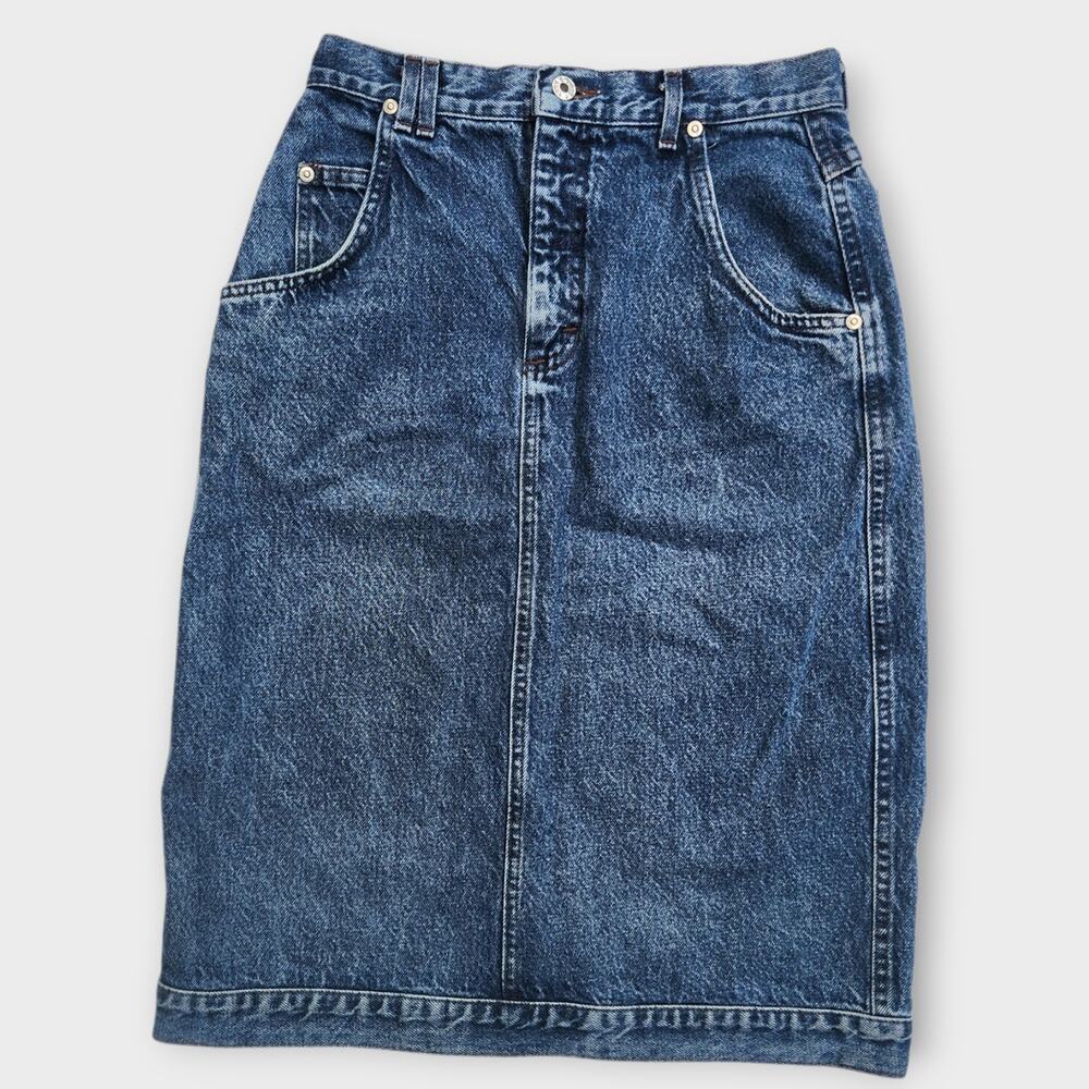 Lee Skirt Womens 12 Blue Denim Back Slit Midi W/ Pockets A-Line VTG Made in USA